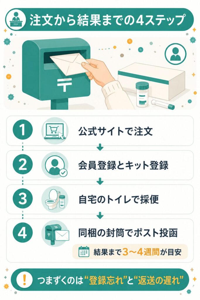 検査キットの注文から結果までの4ステップを示した図解