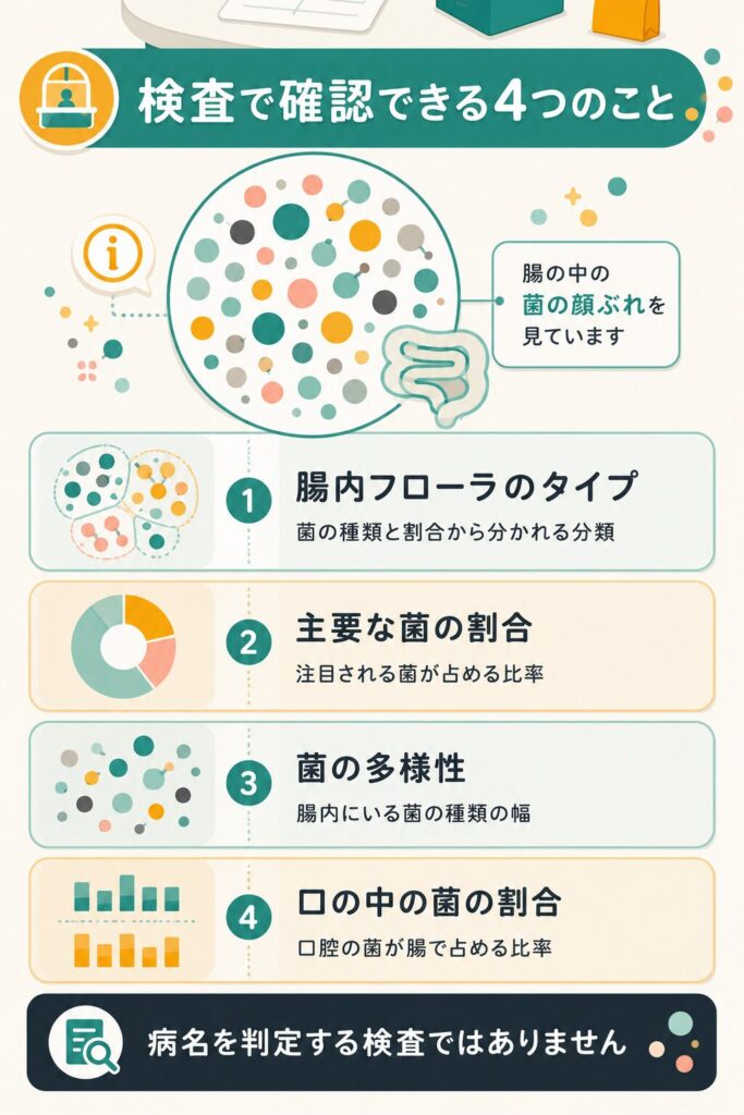 腸内フローラ検査でわかる4つの確認項目をアイコンで整理した図解