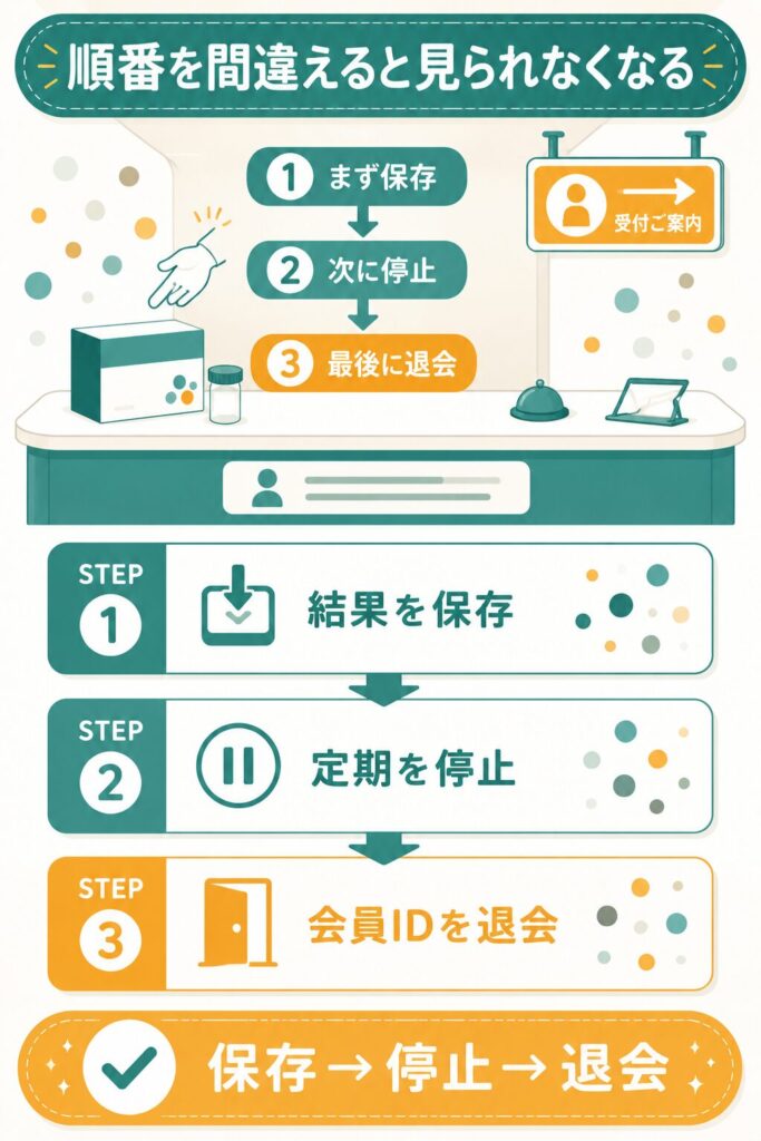 解約は保存・停止・退会の順で進める手順フロー図