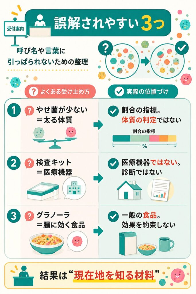 検査結果で誤解されやすい3点を整理した図
