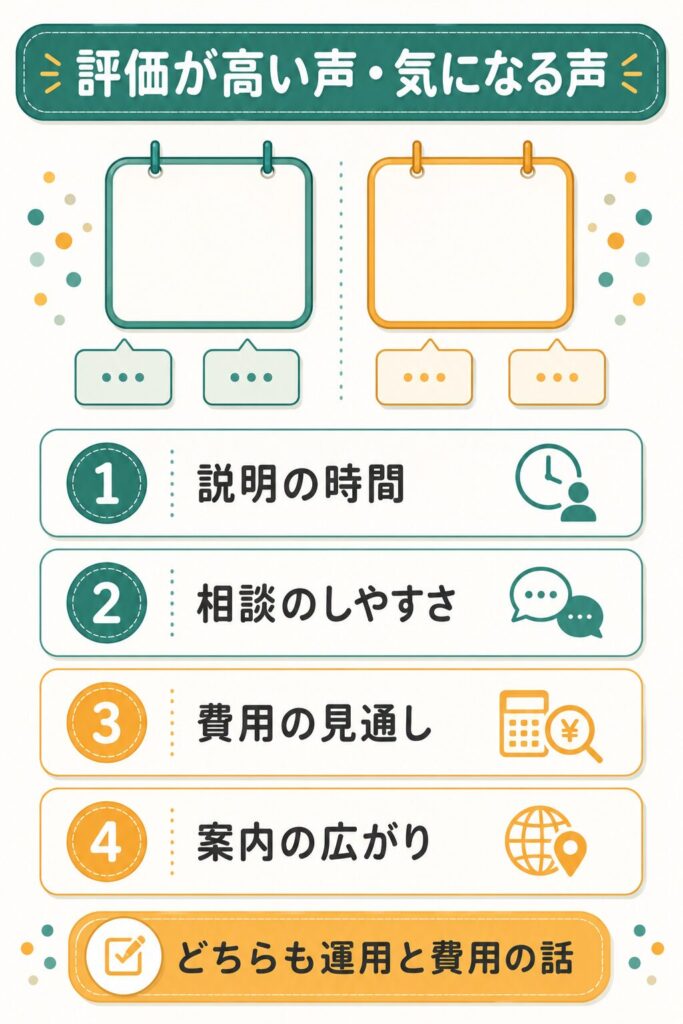 高い評価と気になる評価の観点を4項目で並べた整理図