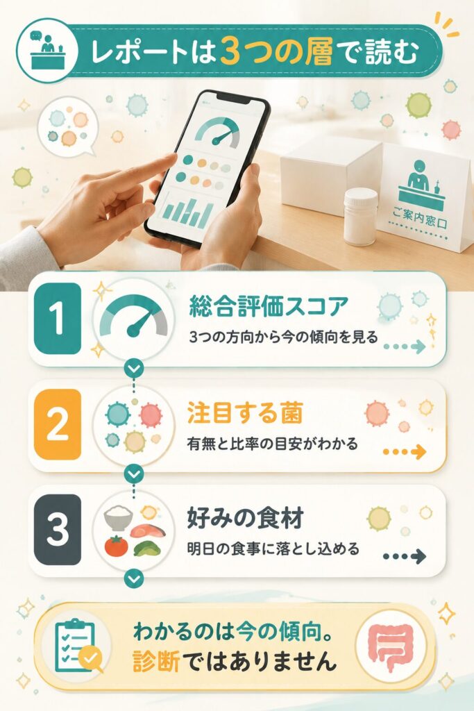 検査レポートをスコア・菌・食材の3層で示した図解