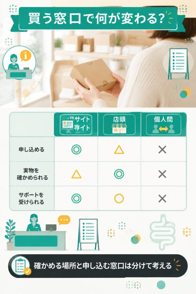 インナーガーデンの購入窓口と店頭と個人間取引の役割を比べた図解