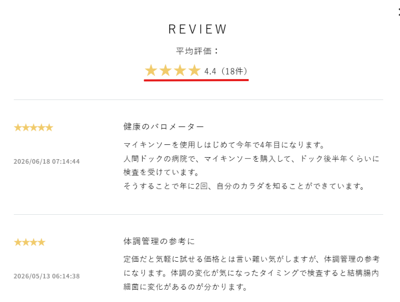 マイキンソー公式ストアの平均評価とレビュー件数が並ぶ表示画面