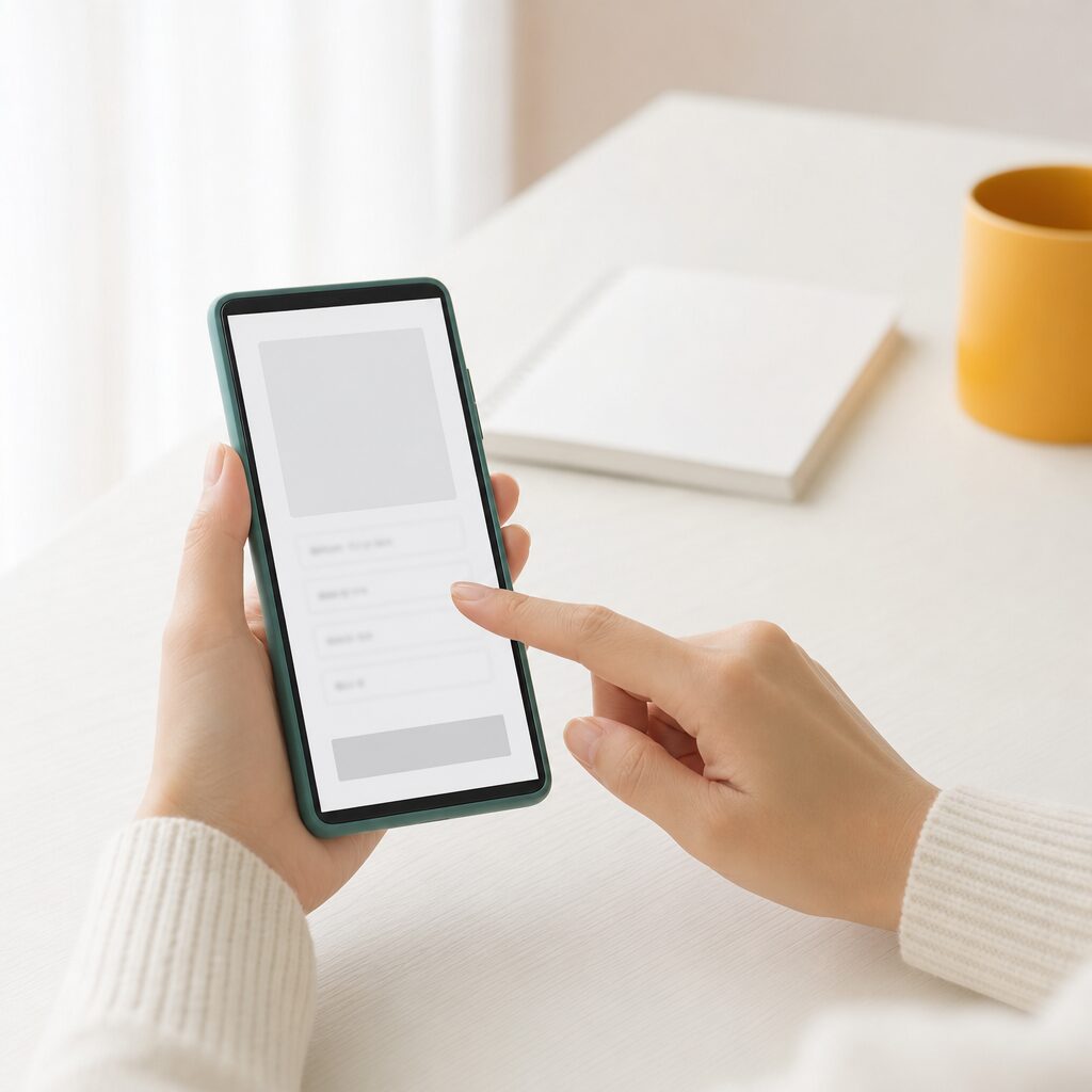 自宅のテーブルでスマートフォンの注文画面を開き、申し込みの内容を確かめている手元