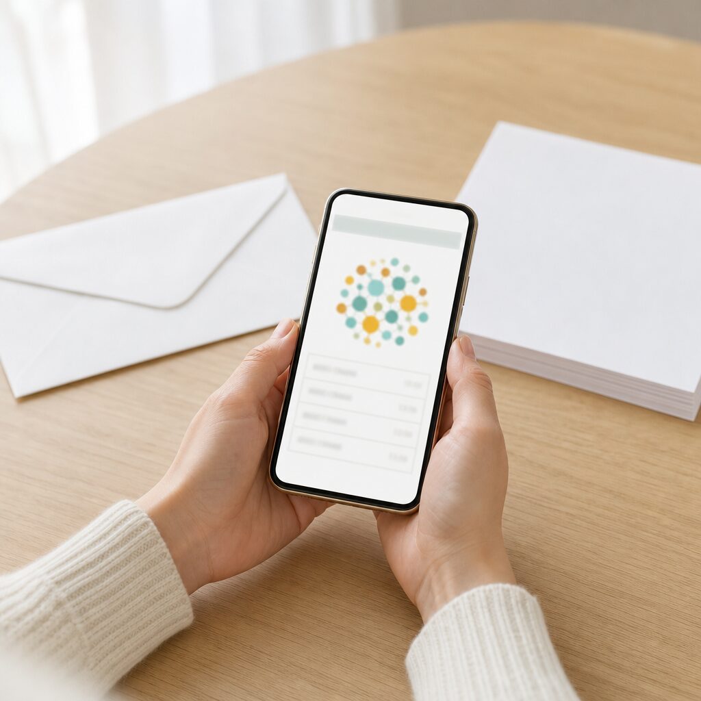 スマートフォンで届いた結果レポートの画面を開き、カラフルな丸の集まりのグラフを見ている手元